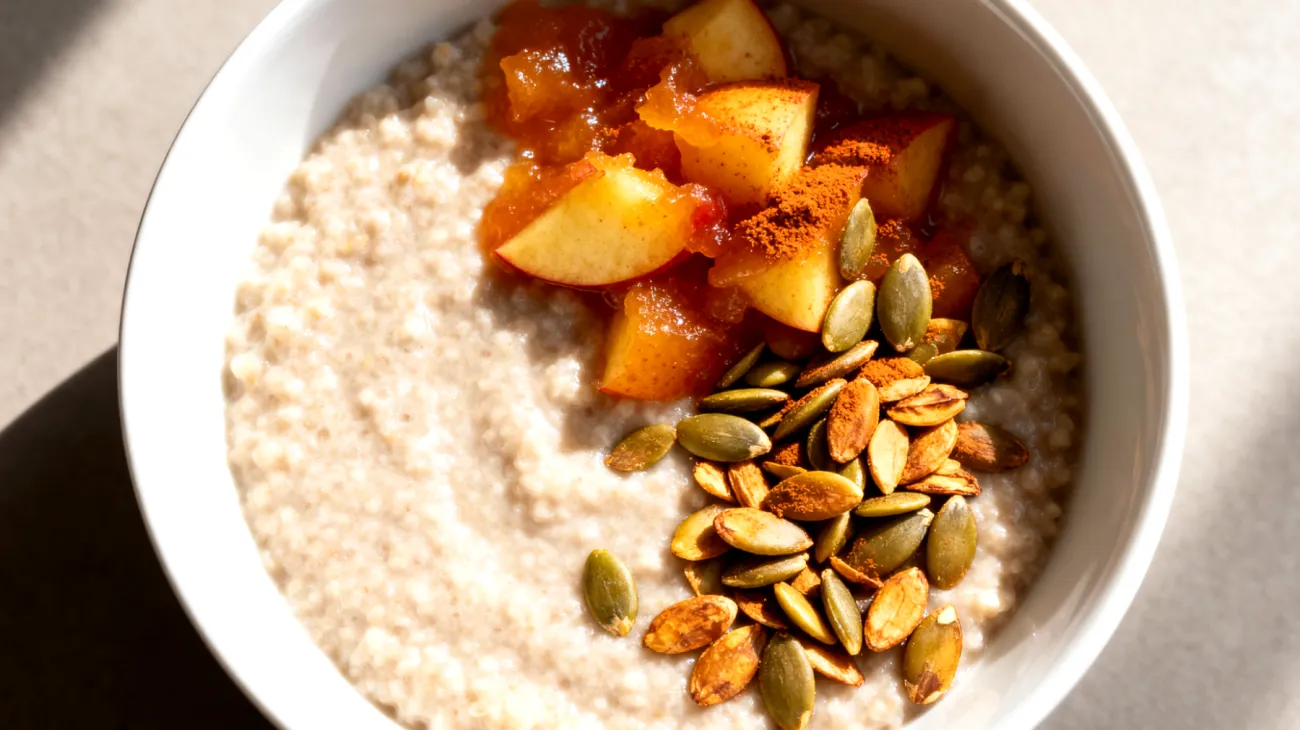 Amaranth-Porridge mit gerösteten Kürbiskernen und Apfelkompott"