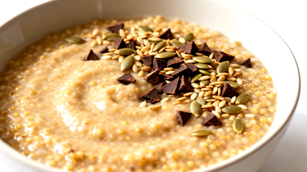 Amaranth-Quinoa-Porridge mit Hanfsamen und Kakao-Nibs"