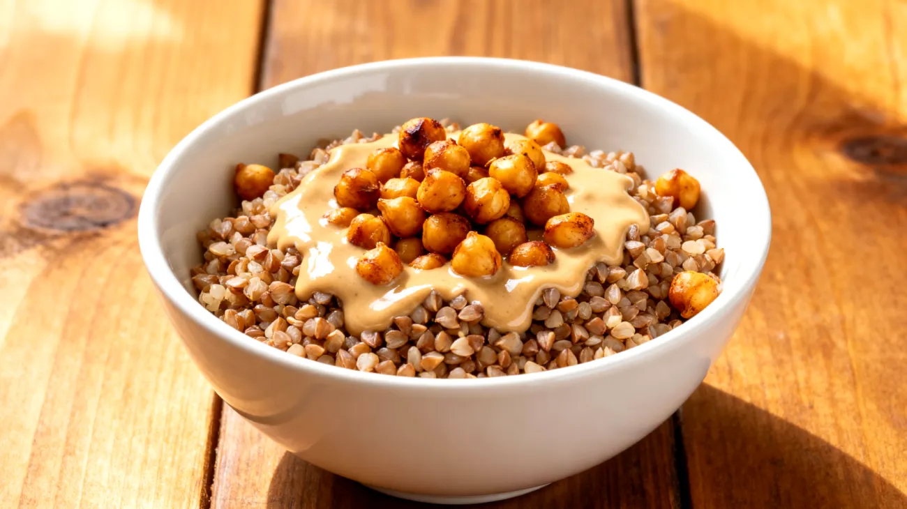 Buchweizen-Bowl mit gerösteten Kichererbsen und Tahini-Dressing"