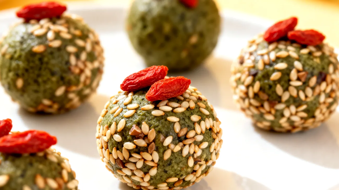 Buchweizen-Spirulina-Energiebällchen mit Sesamsamen und Goji-Beeren"