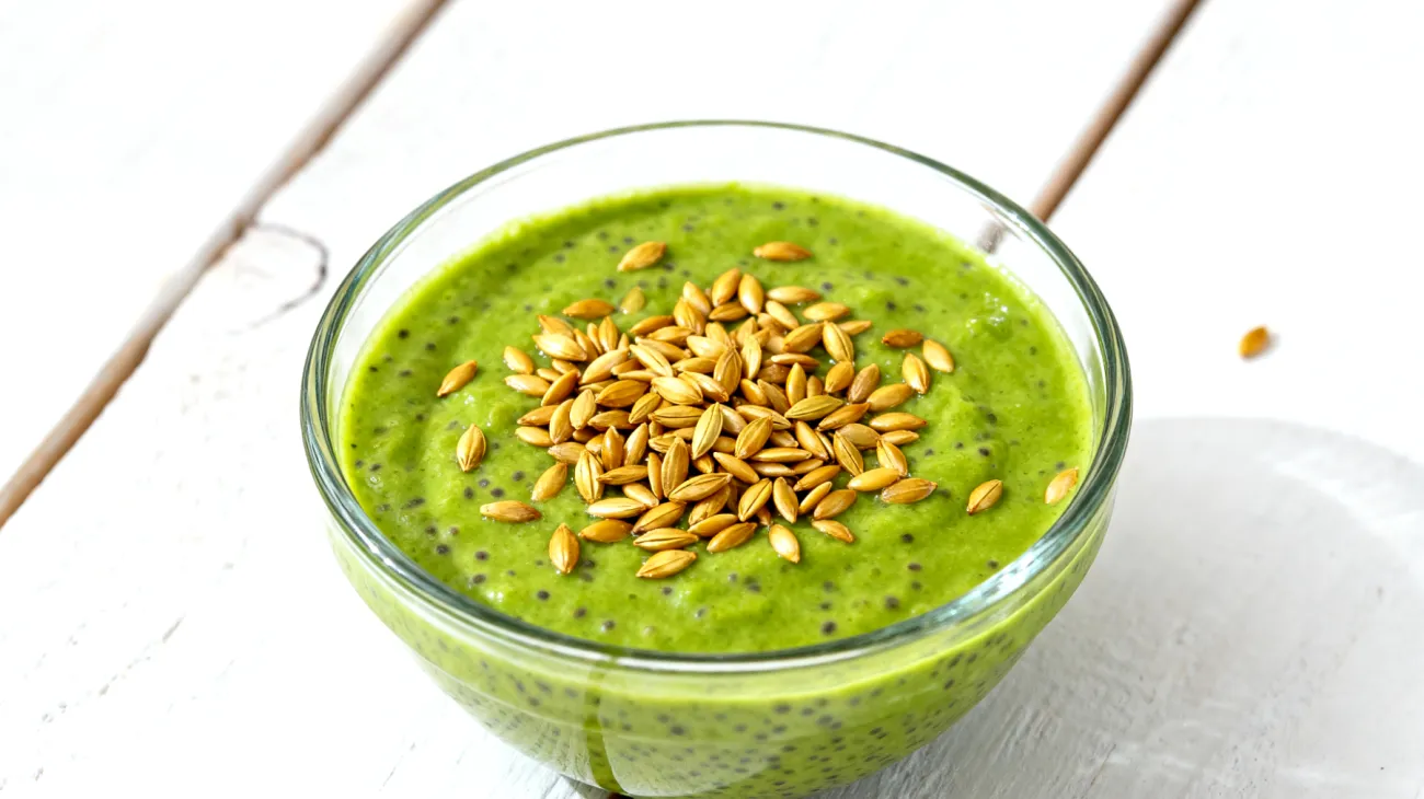 Chia-Pudding mit Matcha und gerösteten Hanfsamen"