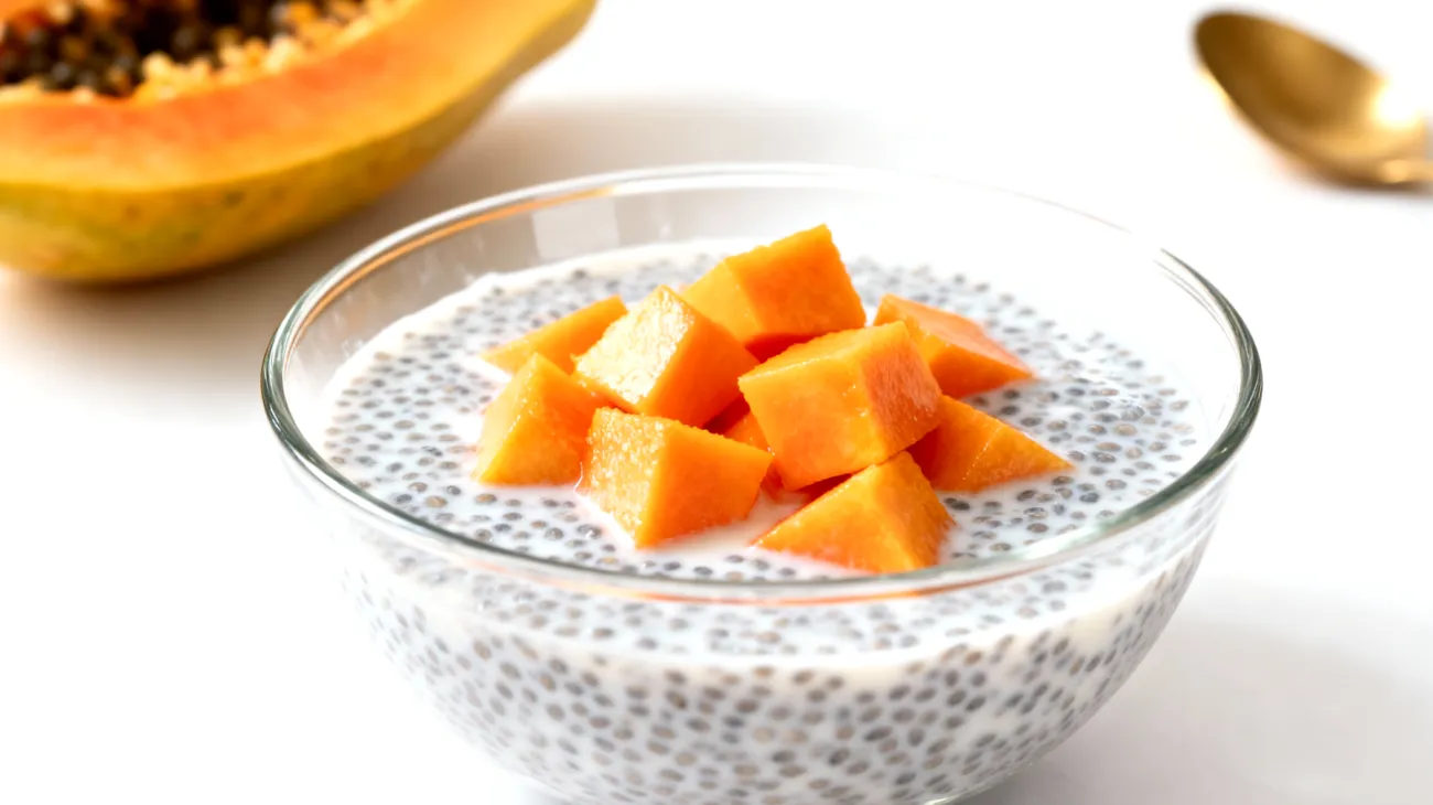 Chiasamen-Pudding mit Kokosmilch und Papaya-Enzym-Topping"
