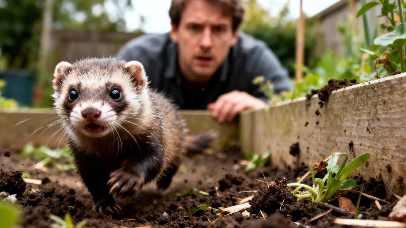 Frettchen zeigen im Garten oft übermäßigen Stress und Hyperaktivität aufgrund der neuen Umgebung, ungewohnten Gerüche und fehlender Rückzugsmöglichkeiten, was zu destruktivem Verhalten und Fluchtversuchen führen kann"