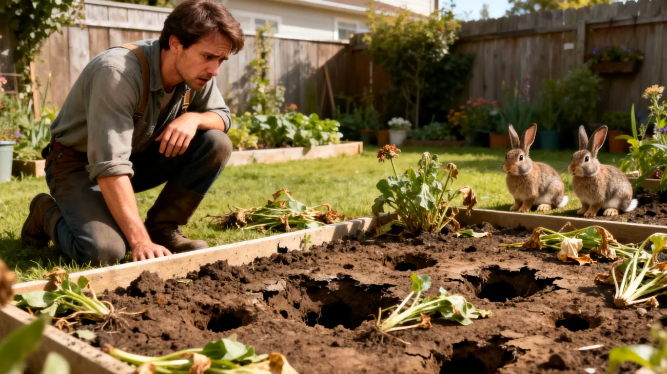 Kaninchen im Garten graben unkontrolliert Löcher und zerstören dabei Pflanzen, Rasenflächen und Gartenbeete, was zu Schäden an der Gartengestaltung führt"