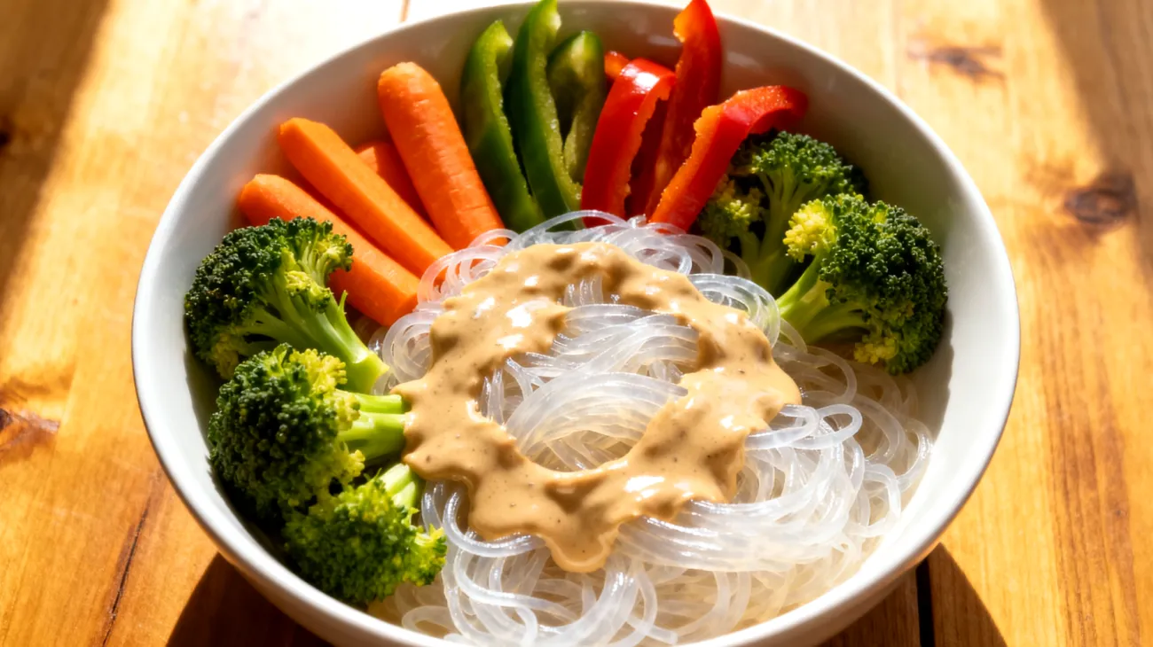 Konjac-Shirataki-Nudeln mit gedünstetem Gemüse und Tahini-Miso-Sauce"