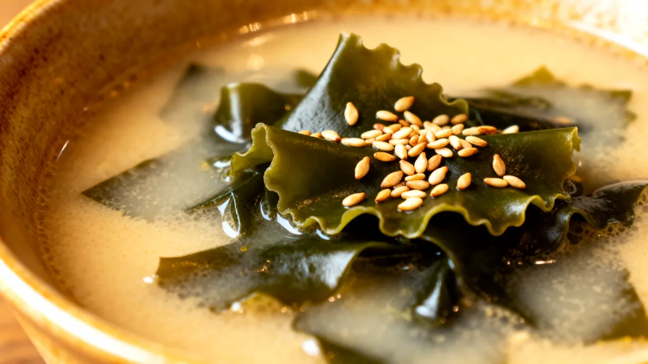 Miso-Suppe mit Wakame-Algen und geröstetem Sesam"