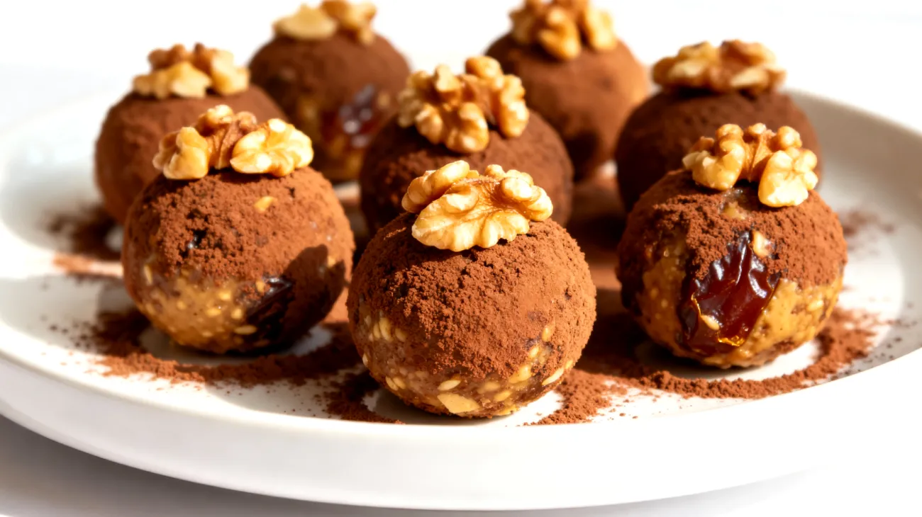 Tahini-Dattel-Energiebällchen mit Walnüssen und Kakaopulver"