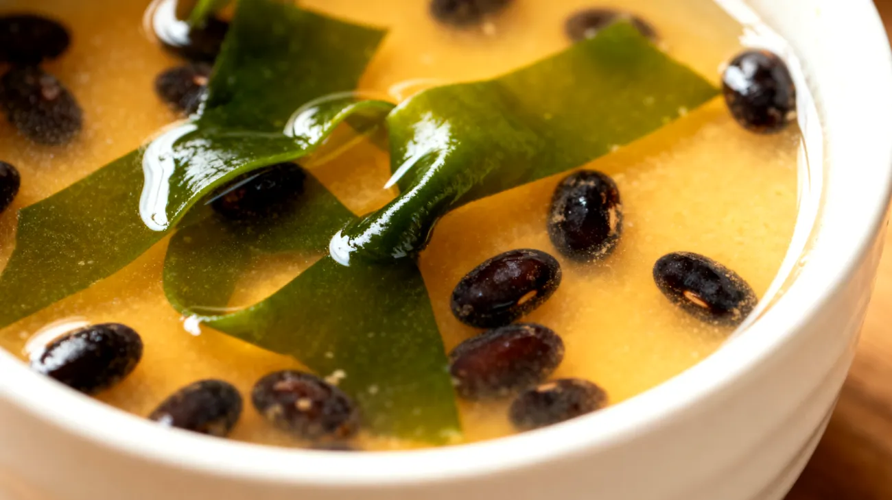 Miso-Suppe mit Wakame-Algen und fermentierten schwarzen Bohnen"