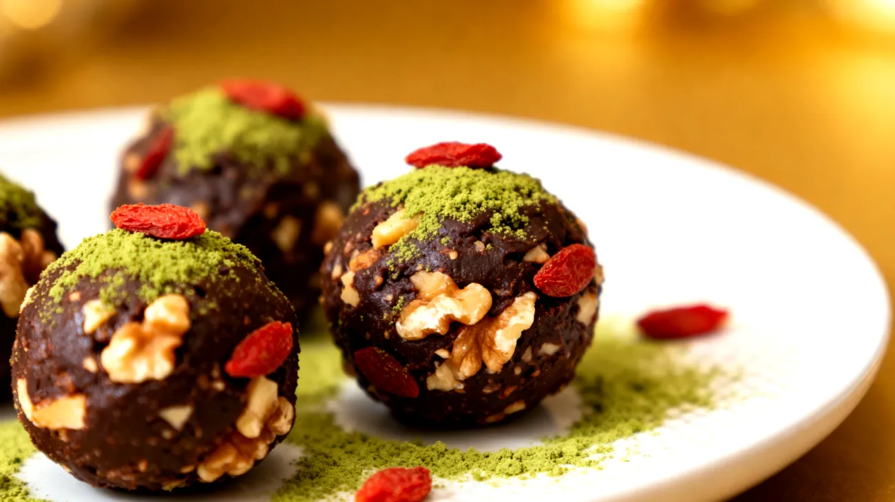 Walnuss-Kakao-Energiekugeln mit Goji-Beeren und Matcha"