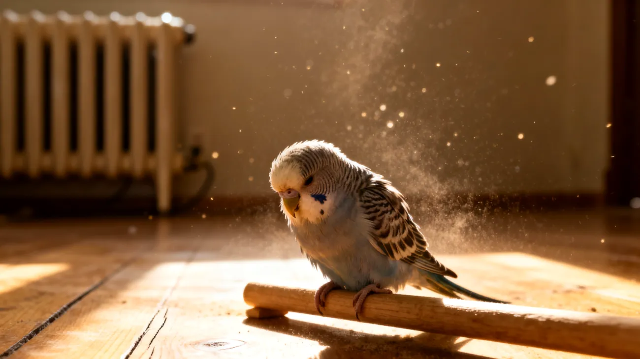 Wellensittiche in Wohnungshaltung leiden häufig unter Atemwegsproblemen und Federproblemen aufgrund von trockener Heizungsluft, mangelnder Luftfeuchtigkeit und schlechter Luftqualität in geschlossenen Räumen"